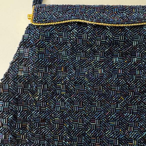 Vtg 50s Seed Bead Handbag Purse Scalloped Edge Iridescent Navy Gold Hong Kong - Picture 2 of 7